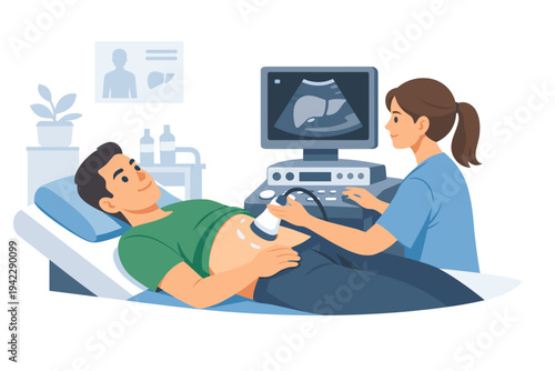 Flat vector illustration of a male patient undergoing a liver ultrasound examination in a clinic, with a female medical professional using a diagnostic ultrasonography machine for health checkup.
