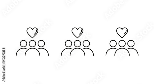 Group of people icons with hearts above, representing love and community, simple line art vector illustration for social media and support concepts