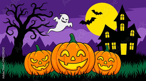 Spooky Halloween Background with Carved Pumpkins, Haunted House Silhouette, Ghost and Bats under a Full Moon Night Sky - Festive Vector Illustration