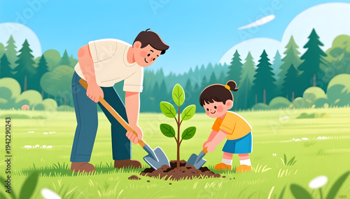 Family planting trees together on Arbor Day