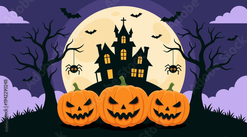Spooky Halloween Night Background with Haunted House Silhouette, Giant Full Moon, Bats and Three Grinning Jack-O'-Lantern Pumpkins - Flat Vector Illustration