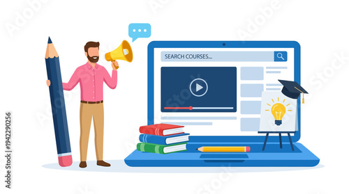 Online Education and E-learning Concept with Teacher Holding Megaphone and Pencil Beside Laptop with Video Course