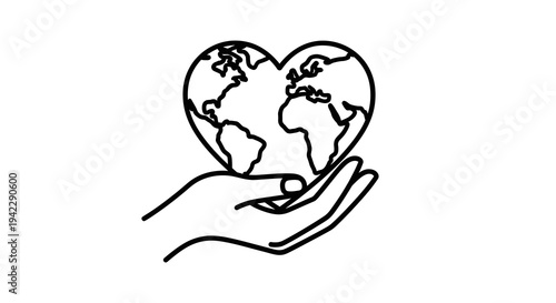 Hand holding Earth in heart shape vector illustration, global care and love concept, environmental protection symbol, clean design