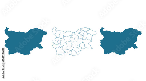 Set of Bulgaria maps including administrative districts, outline, and solid silhouette versions in blue isolated on white background