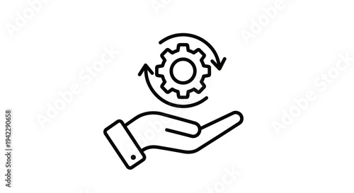 Hand holding gear with circular arrows icon, representing process, workflow, and support, vector illustration for business and technology concepts.