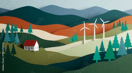 Sustainable Living Concept with Paper Cut Landscape, Wind Turbines, and Miniature House in Green Hills