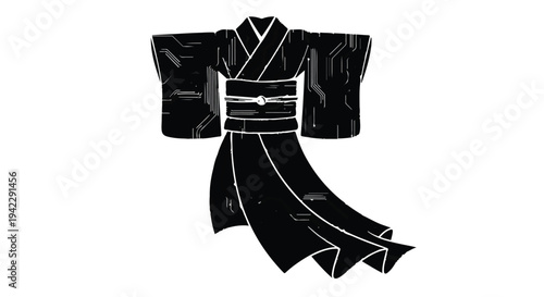 Elegant black kimono with flowing fabric against a white background, symbolizing tradition and style.