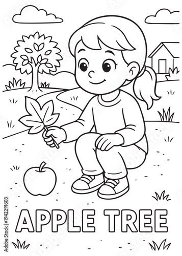 Tableau sur toile coloring book page girl kneeling to collect fallen apples in a grassy patch