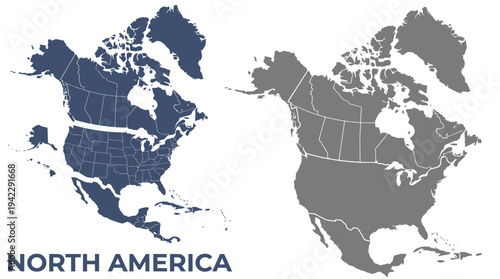 North America Map Silhouettes with Internal Borders, Navy Blue and Gray Continent Maps for Business and Education