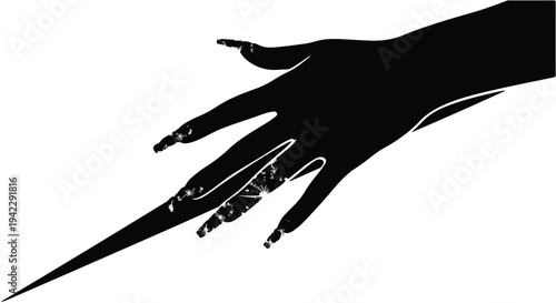 Elegant black silhouette of a woman's hand reaching out with long, manicured nails against a white background.