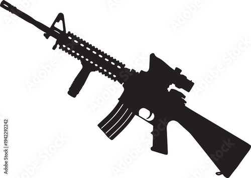 Black military assault rifle vector illustration isolated on white background showing a modern automatic M16 rifle with barrel trigger and tactical design