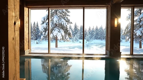 Serene indoor pool with snowy forest view at sunrise, rooster crowing in distance.