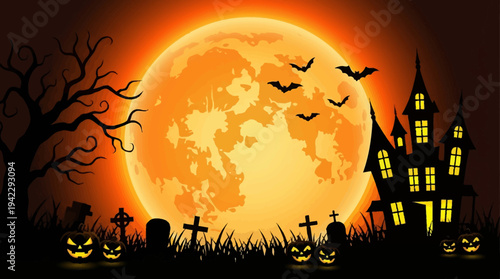 Spooky Halloween Background with Giant Full Moon, Silhouette of Haunted House, Bats, and Jack-o'-Lanterns in Graveyard Night Scene