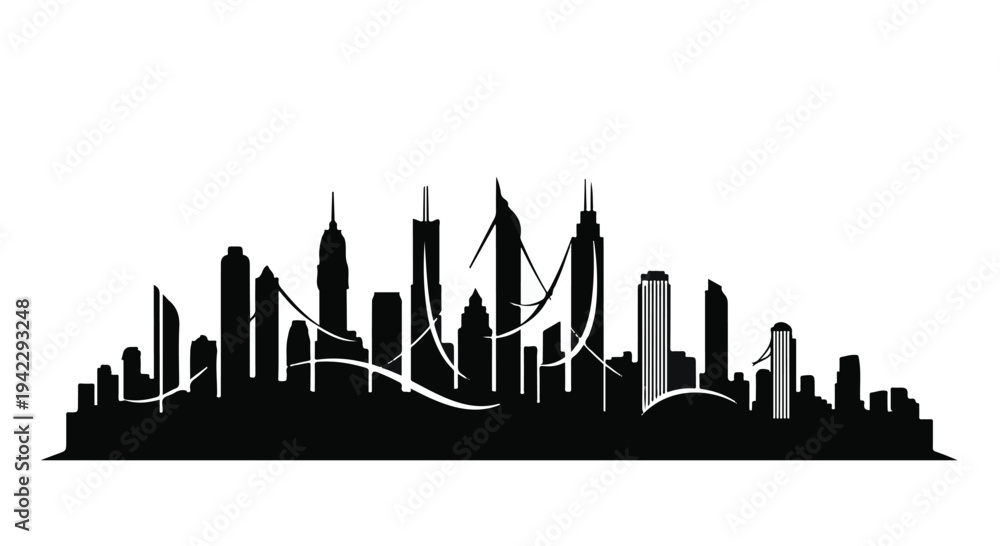 Fototapeta premium Modern city skyline silhouette against a bright sky, representing urban growth and progress.