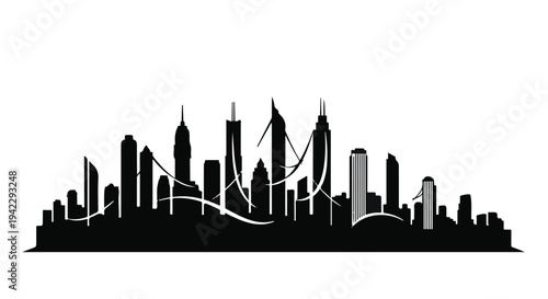 Modern city skyline silhouette against a bright sky, representing urban growth and progress.