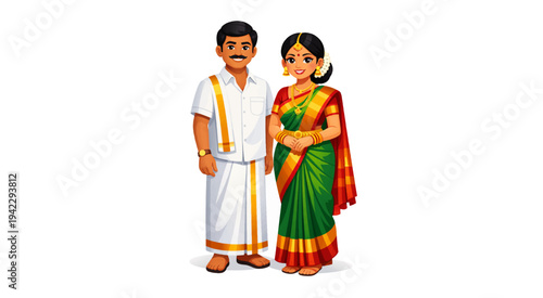 South Indian Family Greeting with Namaste in Traditional Attire Clean Vector Illustration