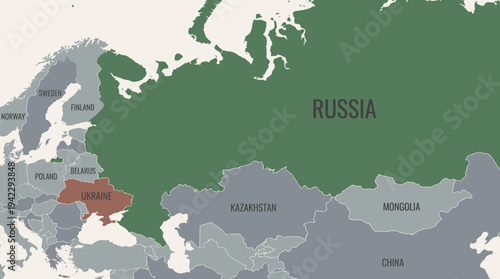 Map Highlighting Russia and Ukraine with Surrounding Countries and Borders for Geopolitical Context