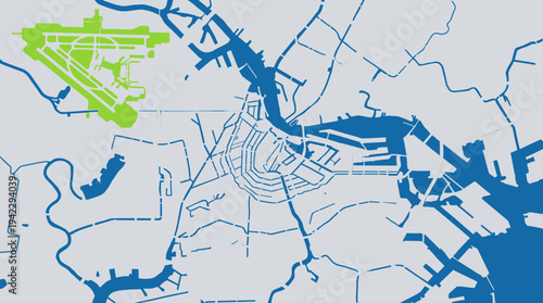 Amsterdam City Map Vector Illustration, Stylized Urban Plan with Canal District and Schiphol Airport Highlighted, Blue and Green Netherlands Geography Background