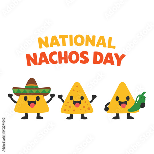 National nachos day illustration with cute corn chips characters and text