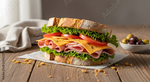 A delicious ham and cheese sandwich, loaded with fresh lettuce and ripe tomatoes, perfectly arranged on a rustic wooden table, offering a satisfying quick meal