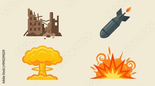 Uflat vector icon set of nuclear war elements, destroyed building ruins, falling bomb missile, nuclear mushroom cloud explosion, and ground blast fire explosion, simple cartoon illustration, minimal s