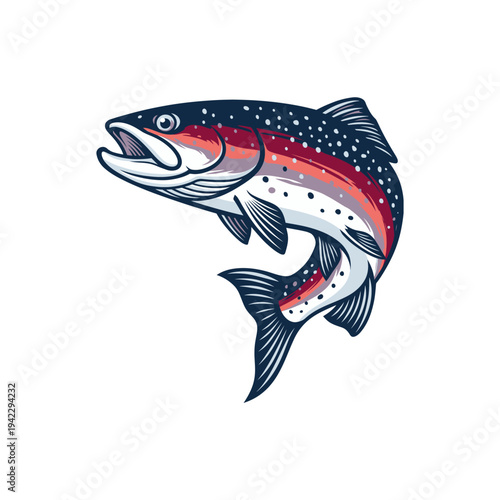 Vector Illustration of a Jumping Rainbow Trout Fish in Stylized Flat Design Line Art Style Isolated on White Background