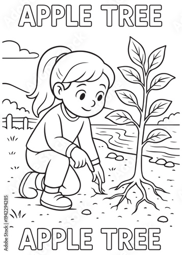 coloring book page girl tending a newly planted apple sapling in soft soil