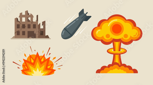 Uflat vector icon set of nuclear war elements, destroyed building ruins, falling bomb missile, nuclear mushroom cloud explosion, and ground blast fire explosion, simple cartoon illustration, minimal s
