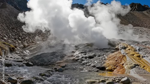 Rooster crowing atop a steaming volcanic landscape with rugged mountains and rocky terrain under a clear blue sky
