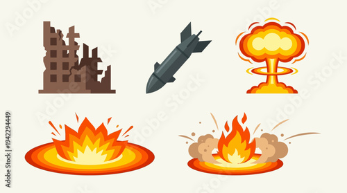 Uflat vector icon set of nuclear war elements, destroyed building ruins, falling bomb missile, nuclear mushroom cloud explosion, and ground blast fire explosion, simple cartoon illustration, minimal s