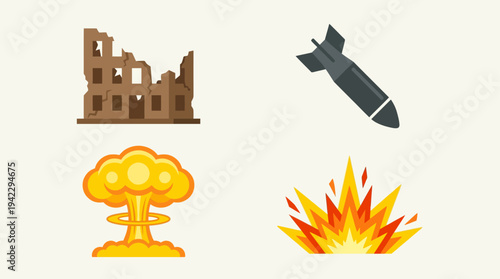 Uflat vector icon set of nuclear war elements, destroyed building ruins, falling bomb missile, nuclear mushroom cloud explosion, and ground blast fire explosion, simple cartoon illustration, minimal s