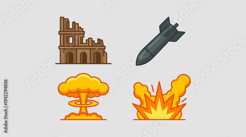 Uflat vector icon set of nuclear war elements, destroyed building ruins, falling bomb missile, nuclear mushroom cloud explosion, and ground blast fire explosion, simple cartoon illustration, minimal s