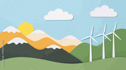 Eco-Friendly Renewable Energy Concept with Paper Cut Wind Turbines in a Mountain Landscape under a Bright Sun