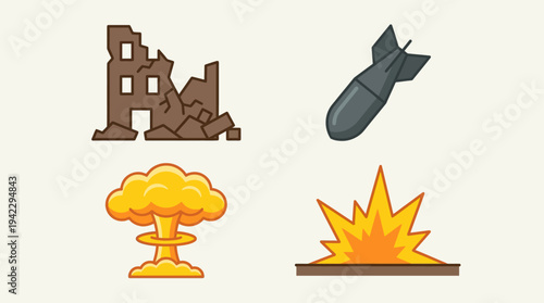Uflat vector icon set of nuclear war elements, destroyed building ruins, falling bomb missile, nuclear mushroom cloud explosion, and ground blast fire explosion, simple cartoon illustration, minimal s