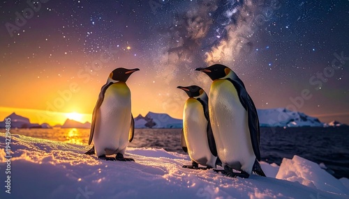 Penguins Standing on Snowy Landscape at Night.