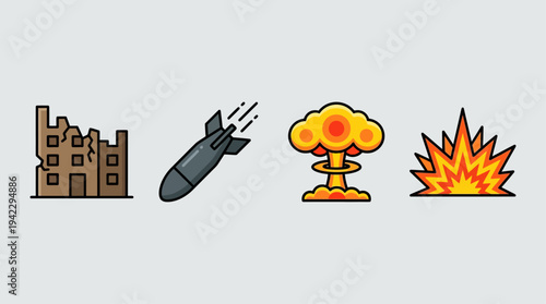 Uflat vector icon set of nuclear war elements, destroyed building ruins, falling bomb missile, nuclear mushroom cloud explosion, and ground blast fire explosion, simple cartoon illustration, minimal s