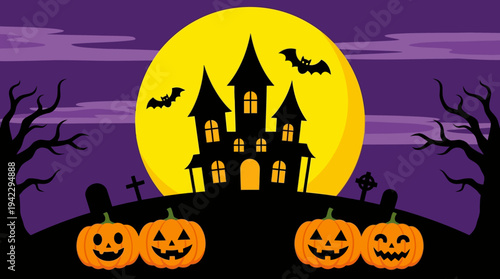 Spooky Halloween Night Background with Haunted House Silhouette, Jack-o'-lanterns, Bats, and Full Moon over Graveyard Landscape