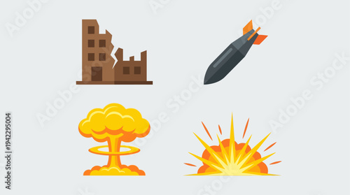 Uflat vector icon set of nuclear war elements, destroyed building ruins, falling bomb missile, nuclear mushroom cloud explosion, and ground blast fire explosion, simple cartoon illustration, minimal s