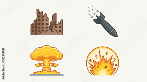 Uflat vector icon set of nuclear war elements, destroyed building ruins, falling bomb missile, nuclear mushroom cloud explosion, and ground blast fire explosion, simple cartoon illustration, minimal s