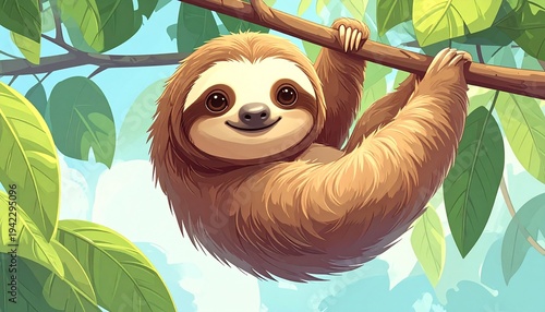 Adorable Sloth Hanging from Tree Branch.