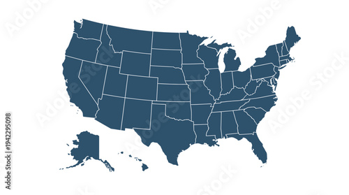 Minimalist Dark Blue Map of the United States of America with White State Borders Isolated on White Background