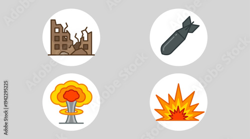 Uflat vector icon set of nuclear war elements, destroyed building ruins, falling bomb missile, nuclear mushroom cloud explosion, and ground blast fire explosion, simple cartoon illustration, minimal s