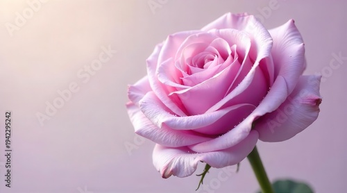 A delicate pink rose with dew drops glistening on its velvety petals, bathed in soft, diffused light