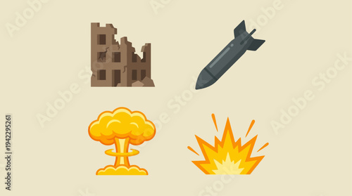 Uflat vector icon set of nuclear war elements, destroyed building ruins, falling bomb missile, nuclear mushroom cloud explosion, and ground blast fire explosion, simple cartoon illustration, minimal s