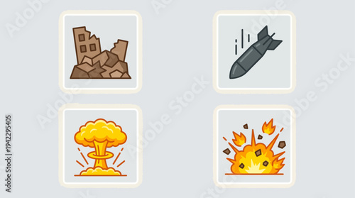 Uflat vector icon set of nuclear war elements, destroyed building ruins, falling bomb missile, nuclear mushroom cloud explosion, and ground blast fire explosion, simple cartoon illustration, minimal s