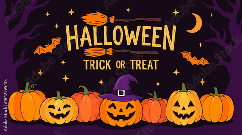 Halloween Trick or Treat Illustration with Jack-o'-lanterns, Bats, and Witch Brooms on Spooky Night Forest Background