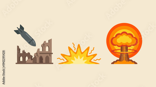 Uflat vector icon set of nuclear war elements, destroyed building ruins, falling bomb missile, nuclear mushroom cloud explosion, and ground blast fire explosion, simple cartoon illustration, minimal s