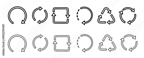 Set of recycle and refresh arrow icons in outline style representing loop rotation reset synchronization repetition movement and ecological sustainability process