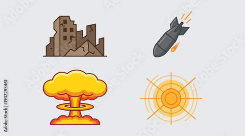 Uflat vector icon set of nuclear war elements, destroyed building ruins, falling bomb missile, nuclear mushroom cloud explosion, and ground blast fire explosion, simple cartoon illustration, minimal s