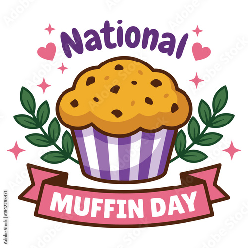 National muffin day badge with chocolate chip cupcake and pink ribbon art